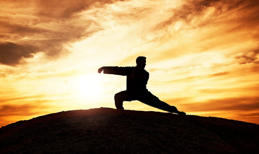 Tai chi, exercise and man at sunset to practice a spiritual workout in nature with an athlete. Silh